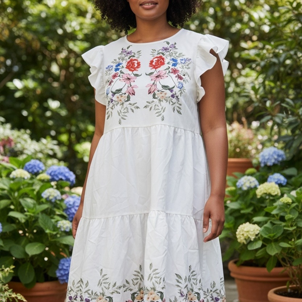 SHEIN White Floral Midi Dress